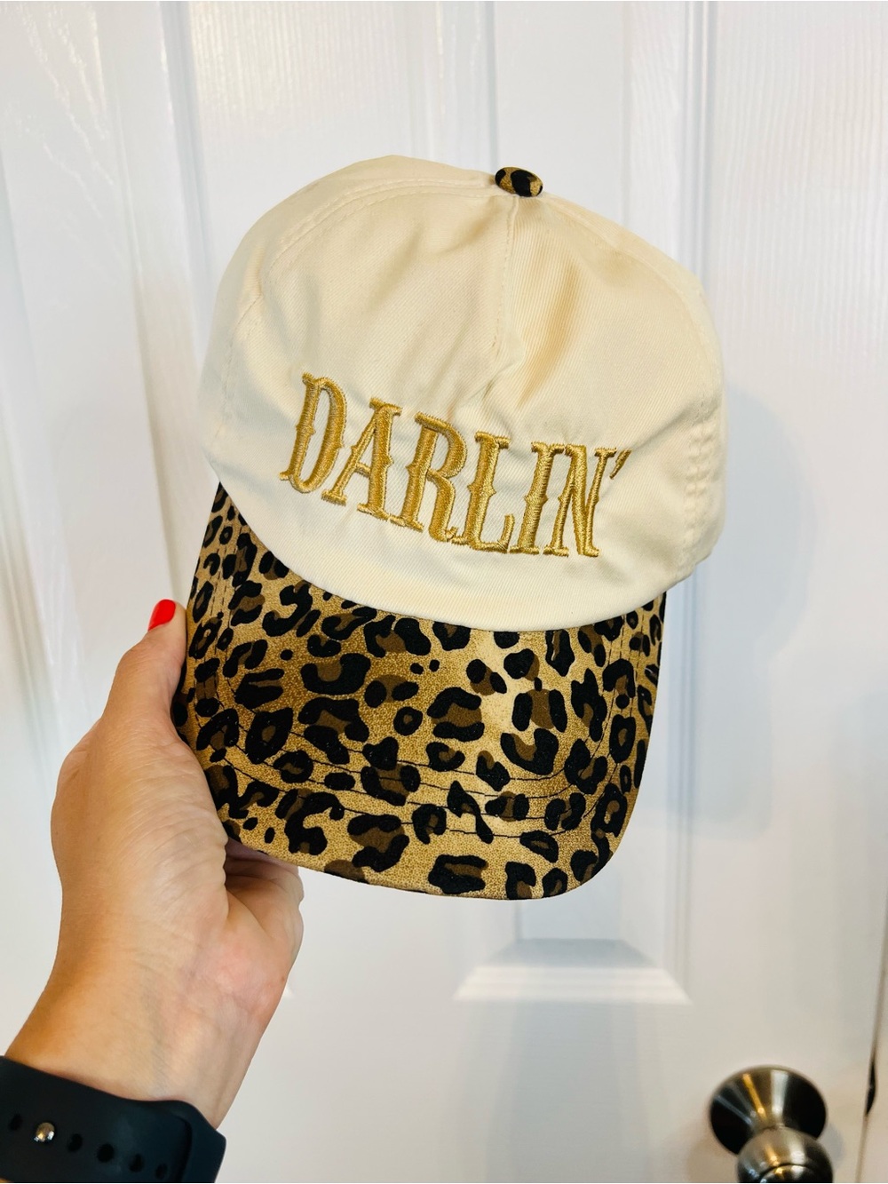 Embroidered "Darlin'" Cream Baseball Cap with Leopard Brim